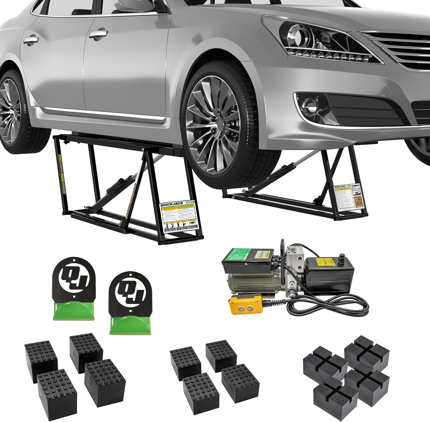 QuickJack 6000TL — Portable Car Lift for 8 ft Ceiling Garages QuickJack 6000TL portable car lift for low-ceiling garages — ALI-certified 6,000 lb bundle with 110V power unit, wall hangers, and pinch-weld blocks, raising a sedan in an 8 ft ceiling home garage