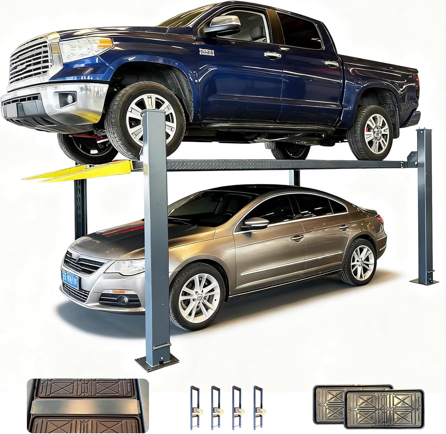 Katool KT-4H850 8,500 lb 4-post car lift storing a blue pickup truck above a silver sedan, shown with included drip trays, jack tray, and caster wheel kit