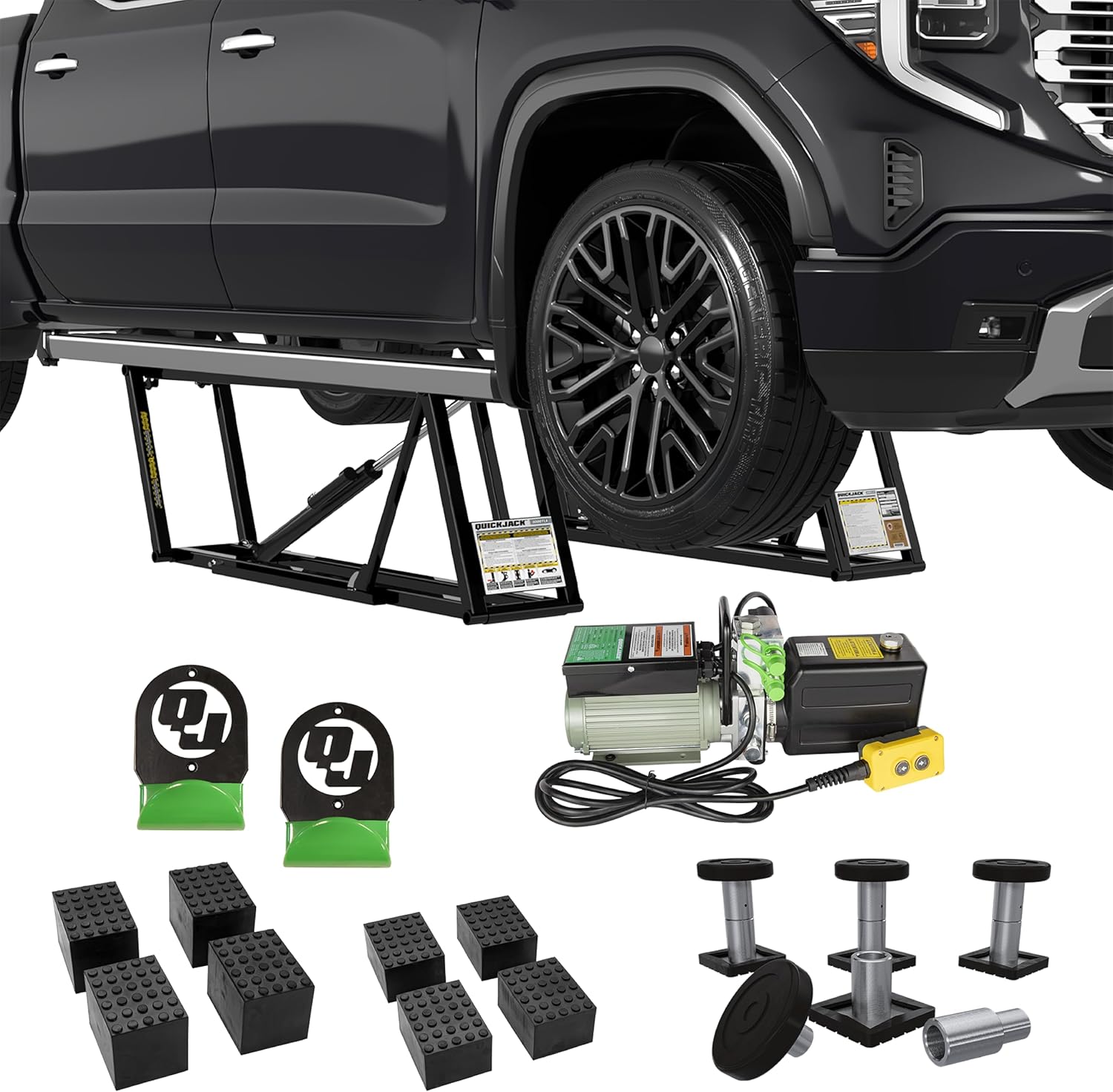 QuickJack 8000TLX — Portable Car Lift for Trucks and SUVs in 9–10 ft Ceiling Garages QuickJack 8000TLX portable car lift for trucks and SUVs in low-ceiling garages — ALI-certified 8,000 lb bundle with 110V power unit, wall hangers, and SUV adapters, raising a full-size pickup